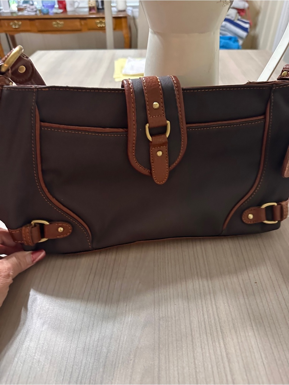 Vintage Etienne Aigner Dark Brown Nylon Shoulder Bag with Tan Leather Trim